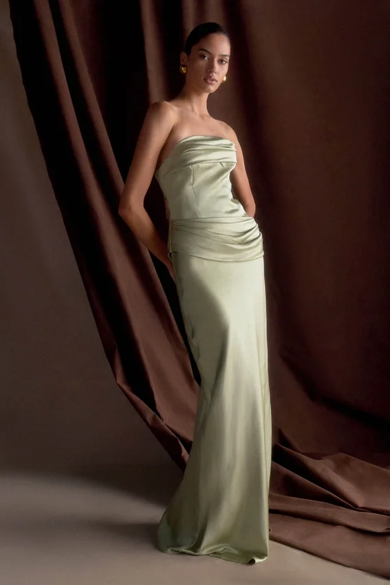 Jasmine Strapless Satin Maxi Dress – Sage Jasmine Strapless Satin Maxi Dress – Sage