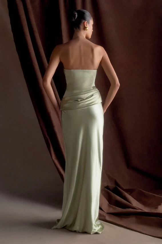 Jasmine Strapless Satin Maxi Dress – Sage Jasmine Strapless Satin Maxi Dress – Sage