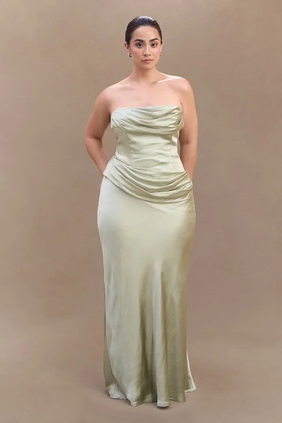 Jasmine Strapless Satin Maxi Dress – Sage Jasmine Strapless Satin Maxi Dress – Sage