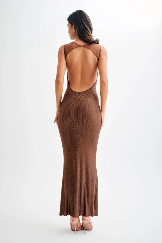 Jasmyn Hot Fix Maxi Dress With Mesh Back – Chocolate Jasmyn Hot Fix Maxi Dress With Mesh Back – Chocolate
