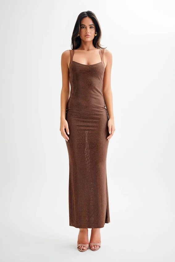 Jasmyn Hot Fix Maxi Dress With Mesh Back – Chocolate Jasmyn Hot Fix Maxi Dress With Mesh Back – Chocolate