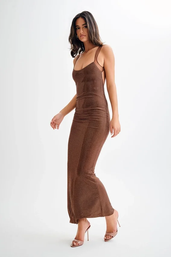 Jasmyn Hot Fix Maxi Dress With Mesh Back – Chocolate Jasmyn Hot Fix Maxi Dress With Mesh Back – Chocolate