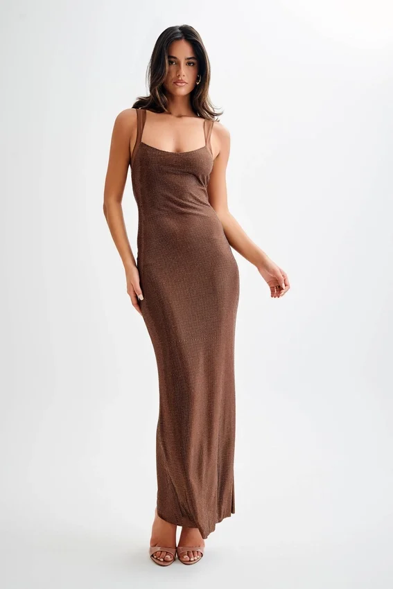 Jasmyn Hot Fix Maxi Dress With Mesh Back – Chocolate Jasmyn Hot Fix Maxi Dress With Mesh Back – Chocolate