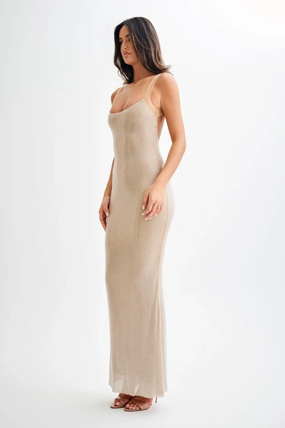 Jasmyn Hot Fix Maxi Dress With Mesh Back – Nude Jasmyn Hot Fix Maxi Dress With Mesh Back – Nude