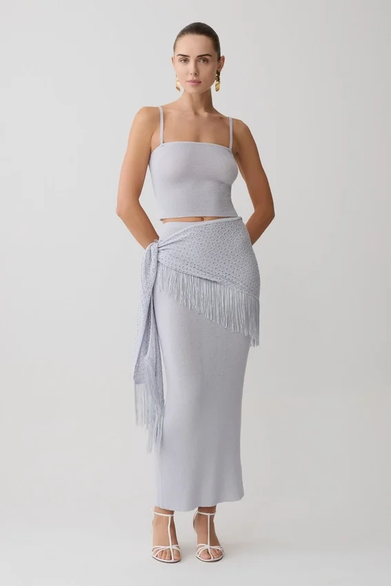 Jaytee Knit Maxi Skirt With Fringe Tie – Sky Blue Jaytee Knit Maxi Skirt With Fringe Tie – Sky Blue