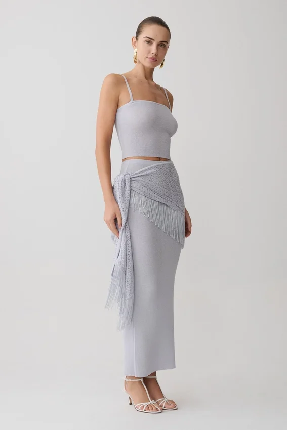 Jaytee Knit Maxi Skirt With Fringe Tie – Sky Blue Jaytee Knit Maxi Skirt With Fringe Tie – Sky Blue