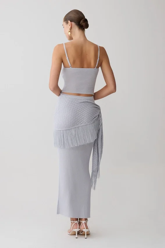 Jaytee Knit Maxi Skirt With Fringe Tie – Sky Blue Jaytee Knit Maxi Skirt With Fringe Tie – Sky Blue