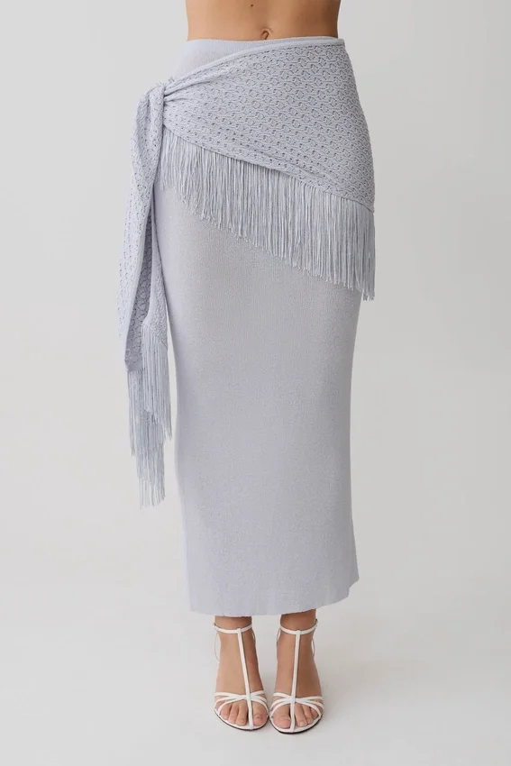 Jaytee Knit Maxi Skirt With Fringe Tie – Sky Blue Jaytee Knit Maxi Skirt With Fringe Tie – Sky Blue
