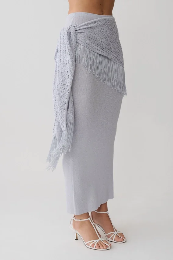 Jaytee Knit Maxi Skirt With Fringe Tie – Sky Blue Jaytee Knit Maxi Skirt With Fringe Tie – Sky Blue