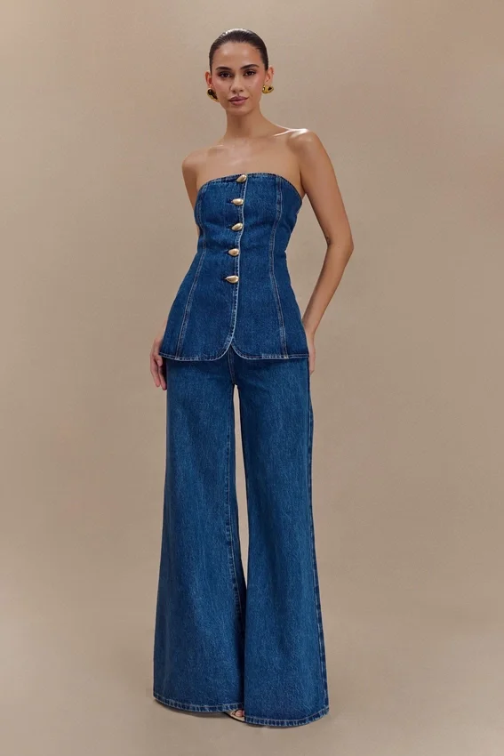 Jen Wide Leg Flare Denim Jeans – Dark Blue Jen Wide Leg Flare Denim Jeans – Dark Blue