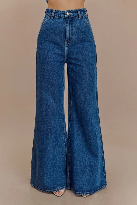 Jen Wide Leg Flare Denim Jeans – Dark Blue Jen Wide Leg Flare Denim Jeans – Dark Blue