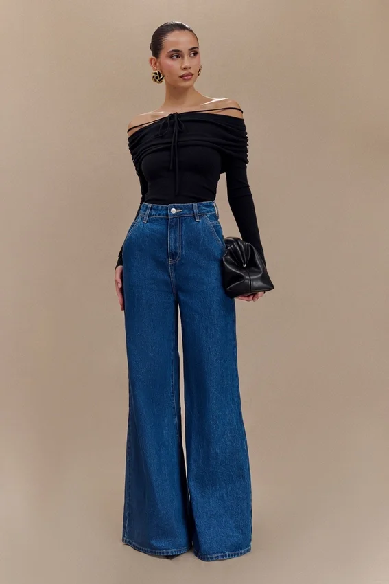 Jen Wide Leg Flare Denim Jeans – Dark Blue Jen Wide Leg Flare Denim Jeans – Dark Blue