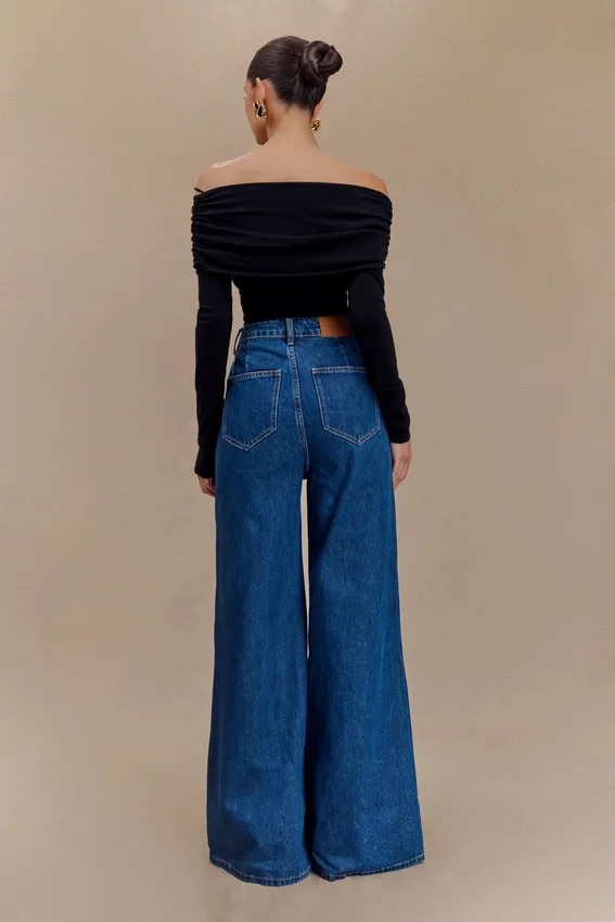 Jen Wide Leg Flare Denim Jeans – Dark Blue Jen Wide Leg Flare Denim Jeans – Dark Blue