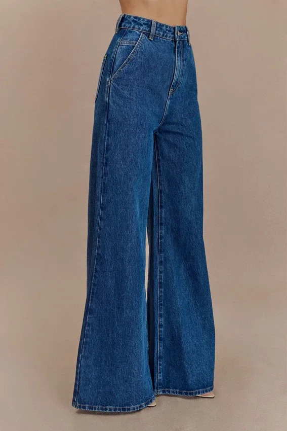 Jen Wide Leg Flare Denim Jeans – Dark Blue Jen Wide Leg Flare Denim Jeans – Dark Blue