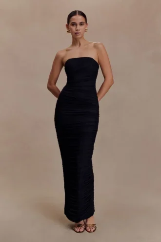 Jianna Strapless Mesh Maxi Dress – Black