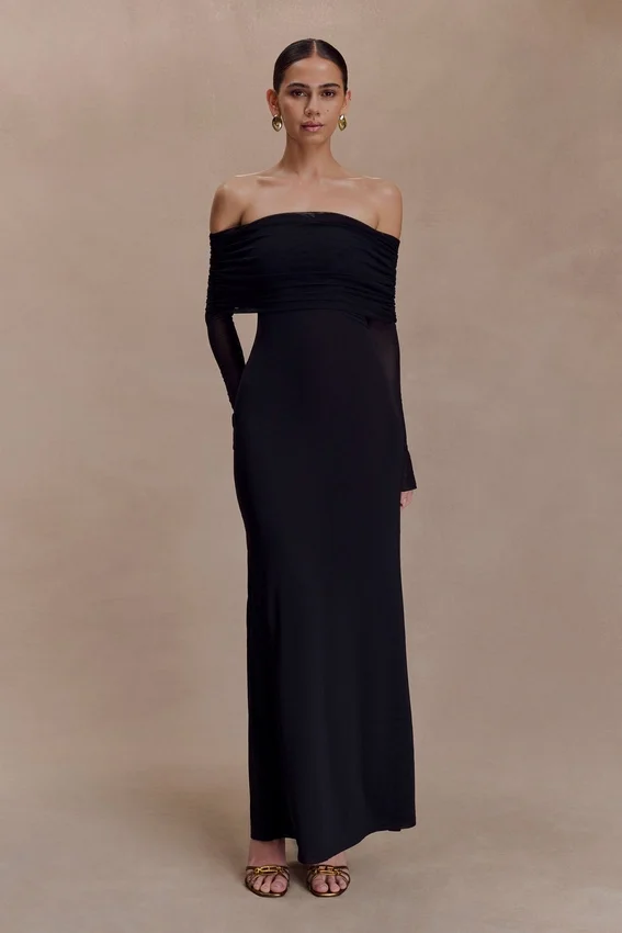 Josie Off Shoulder Mesh Maxi Dress – Black Josie Off Shoulder Mesh Maxi Dress – Black