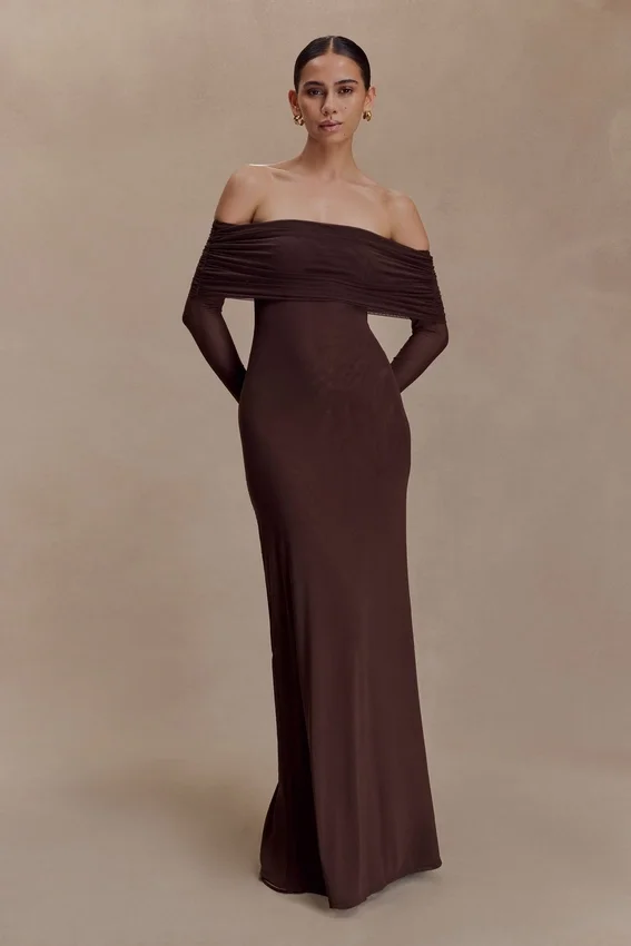 Josie Off Shoulder Mesh Maxi Dress – Dark Brown Josie Off Shoulder Mesh Maxi Dress – Dark Brown