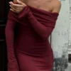 Josie Off Shoulder Mesh Maxi Dress – Wine