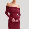 Josie Off Shoulder Mesh Maxi Dress – Wine