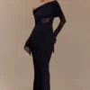 Kaitlin One Shoulder Slinky And Mesh Maxi Dress – Black
