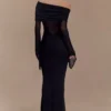 Kaitlin One Shoulder Slinky And Mesh Maxi Dress – Black