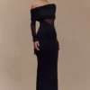 Kaitlin One Shoulder Slinky And Mesh Maxi Dress – Black