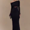 Kaitlin One Shoulder Slinky And Mesh Maxi Dress – Black