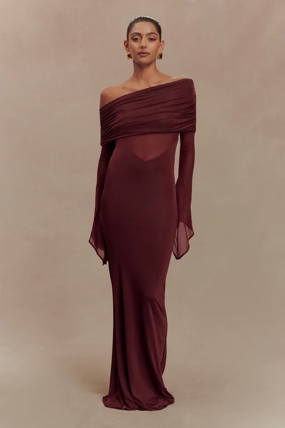 Kaitlin One Shoulder Slinky And Mesh Maxi Dress – Burgundy Kaitlin One Shoulder Slinky And Mesh Maxi Dress – Burgundy