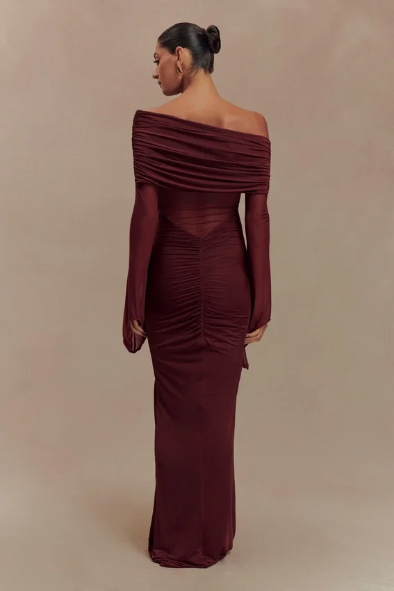 Kaitlin One Shoulder Slinky And Mesh Maxi Dress – Burgundy Kaitlin One Shoulder Slinky And Mesh Maxi Dress – Burgundy