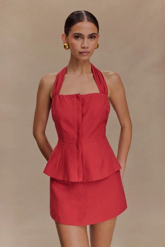 Kallie Linen Peplum Halter Top – Burnt Rose Kallie Linen Peplum Halter Top – Burnt Rose