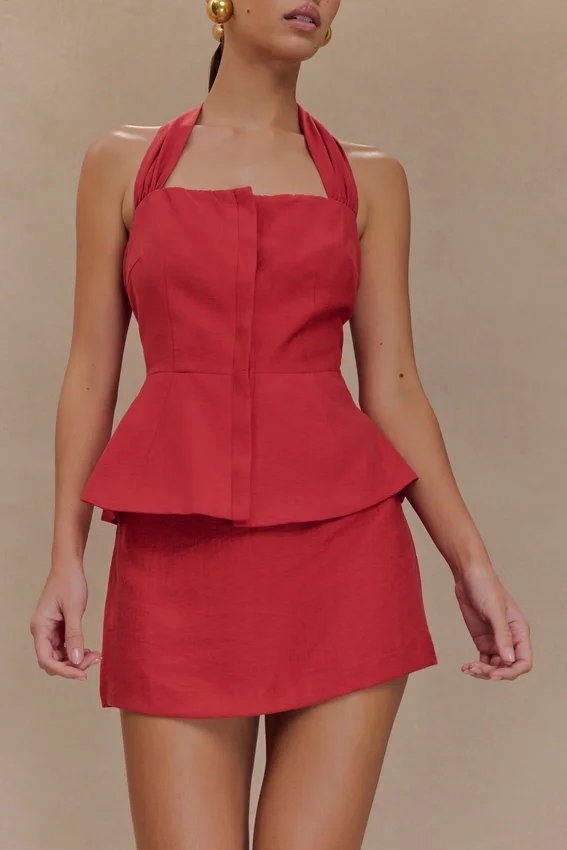 Kallie Linen Peplum Halter Top – Burnt Rose Kallie Linen Peplum Halter Top – Burnt Rose