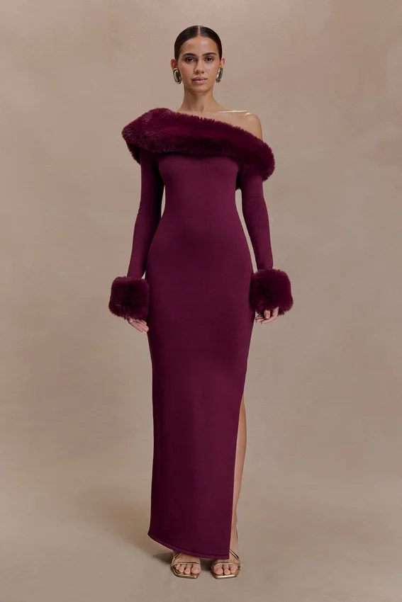 Karleigh Faux Fur Knit Maxi Dress – Plum Karleigh Faux Fur Knit Maxi Dress – Plum