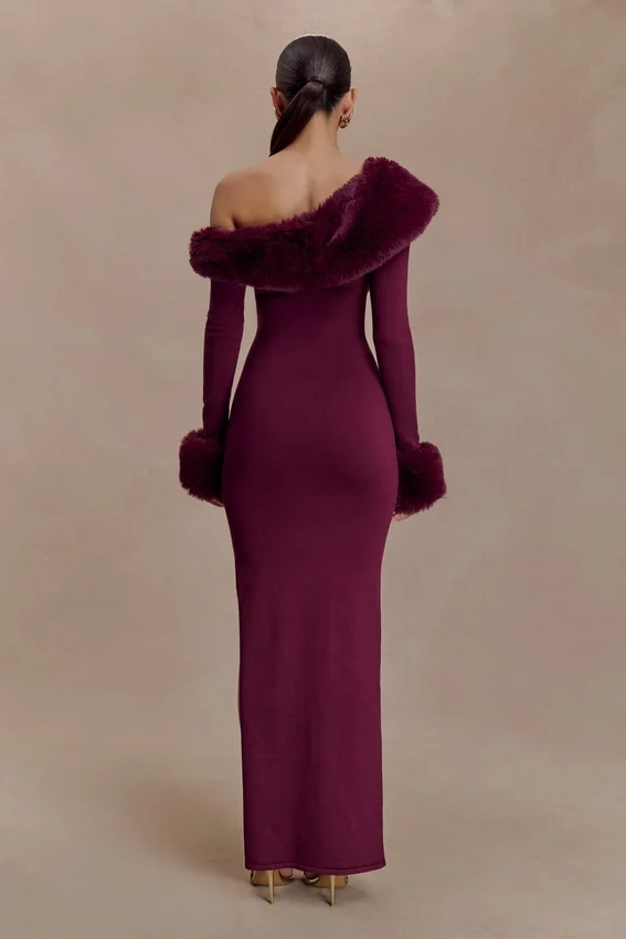 Karleigh Faux Fur Knit Maxi Dress – Plum Karleigh Faux Fur Knit Maxi Dress – Plum