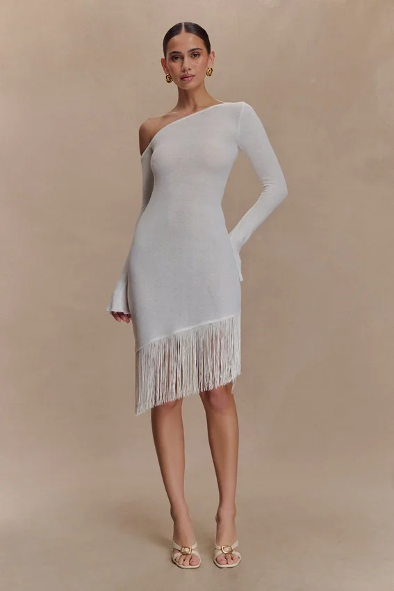 Kayden Fringe Off Shoulder Knit Mini Dress – Ivory Kayden Fringe Off Shoulder Knit Mini Dress – Ivory