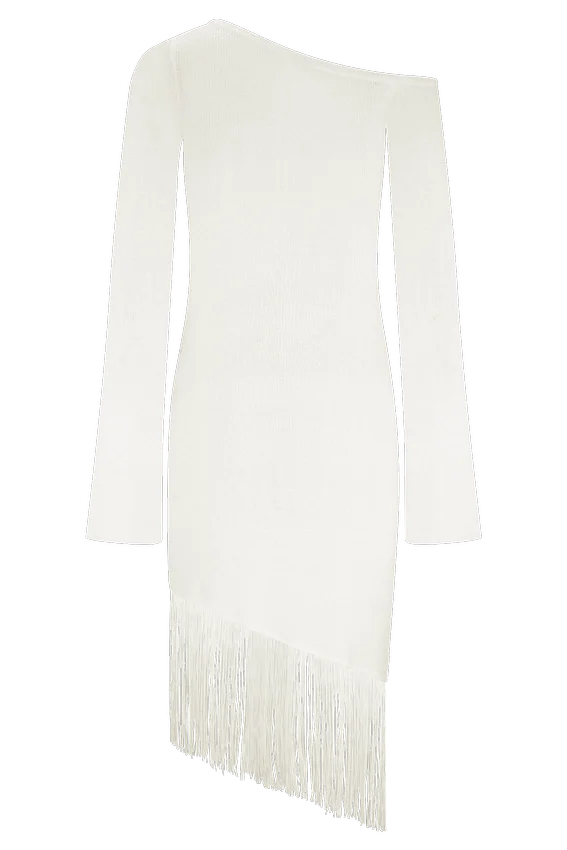 Kayden Fringe Off Shoulder Knit Mini Dress – Ivory Kayden Fringe Off Shoulder Knit Mini Dress – Ivory