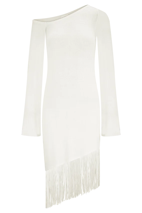Kayden Fringe Off Shoulder Knit Mini Dress – Ivory Kayden Fringe Off Shoulder Knit Mini Dress – Ivory