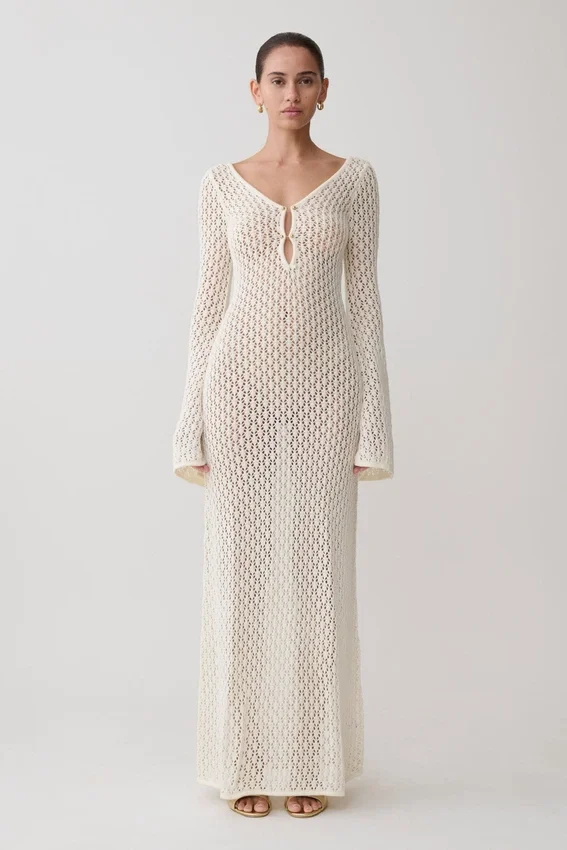Kayleigh Crochet Fishtail Flare Sleeve Maxi Dress – White Kayleigh Crochet Fishtail Flare Sleeve Maxi Dress – White