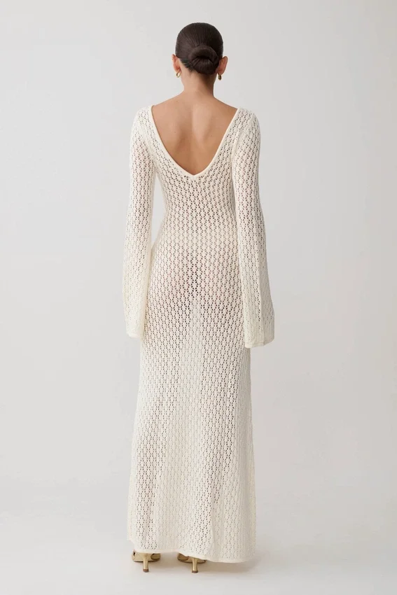 Kayleigh Crochet Fishtail Flare Sleeve Maxi Dress – White Kayleigh Crochet Fishtail Flare Sleeve Maxi Dress – White