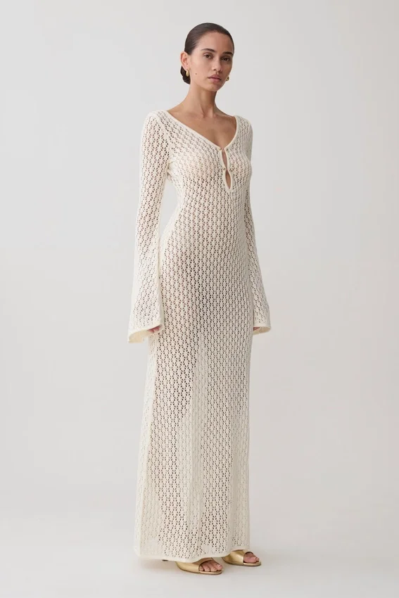 Kayleigh Crochet Fishtail Flare Sleeve Maxi Dress – White Kayleigh Crochet Fishtail Flare Sleeve Maxi Dress – White