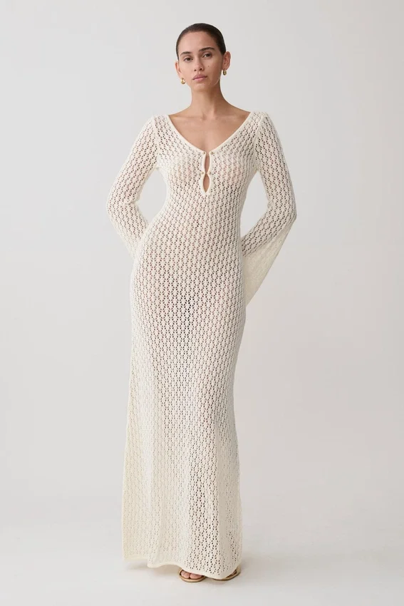 Kayleigh Crochet Fishtail Flare Sleeve Maxi Dress – White Kayleigh Crochet Fishtail Flare Sleeve Maxi Dress – White
