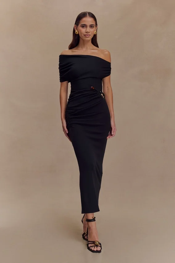 Kendra Scuba Jersey Midi Dress With Hardware – Black Kendra Scuba Jersey Midi Dress With Hardware – Black