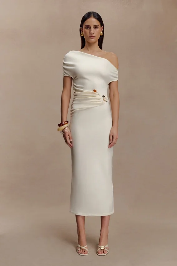 Kendra Scuba Jersey Midi Dress With Hardware – Ivory Kendra Scuba Jersey Midi Dress With Hardware – Ivory