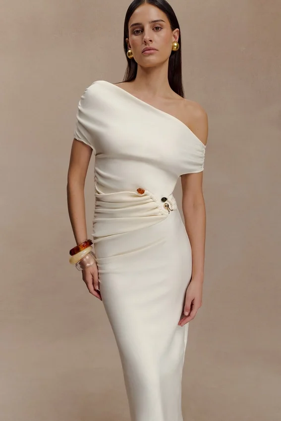 Kendra Scuba Jersey Midi Dress With Hardware – Ivory Kendra Scuba Jersey Midi Dress With Hardware – Ivory