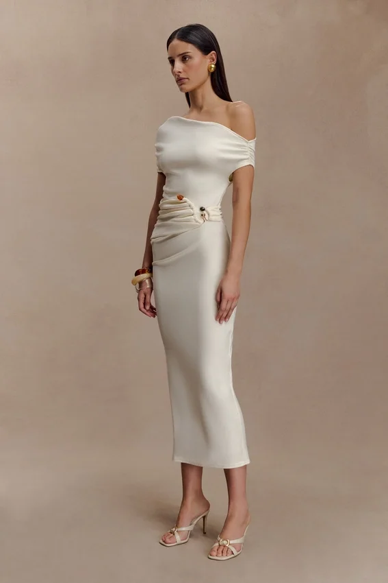 Kendra Scuba Jersey Midi Dress With Hardware – Ivory Kendra Scuba Jersey Midi Dress With Hardware – Ivory