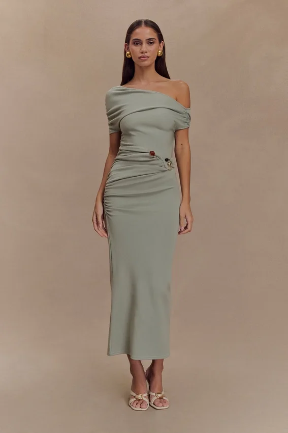 Kendra Scuba Jersey Midi Dress With Hardware – Sage Kendra Scuba Jersey Midi Dress With Hardware – Sage