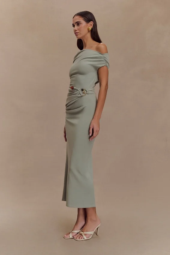 Kendra Scuba Jersey Midi Dress With Hardware – Sage Kendra Scuba Jersey Midi Dress With Hardware – Sage