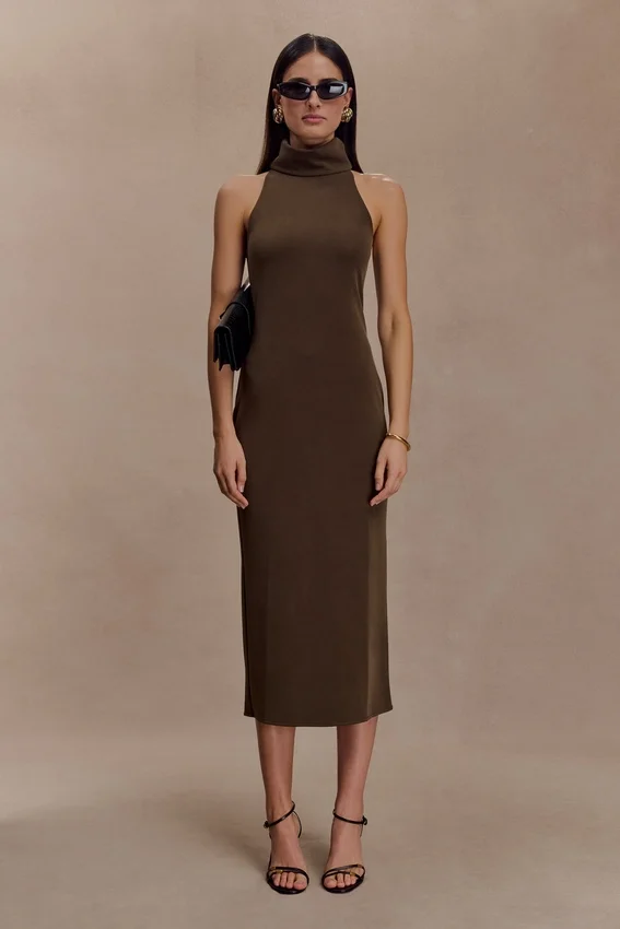 Kennedy High Neck Midi Dress – Chocolate Kennedy High Neck Midi Dress – Chocolate