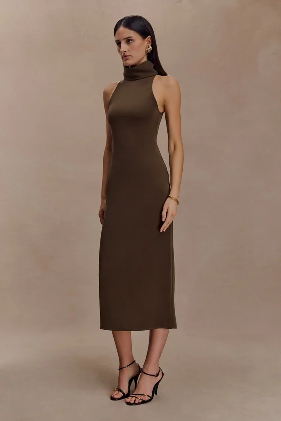 Kennedy High Neck Midi Dress – Chocolate Kennedy High Neck Midi Dress – Chocolate