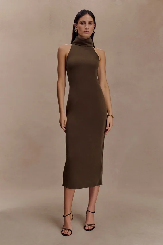 Kennedy High Neck Midi Dress – Chocolate Kennedy High Neck Midi Dress – Chocolate