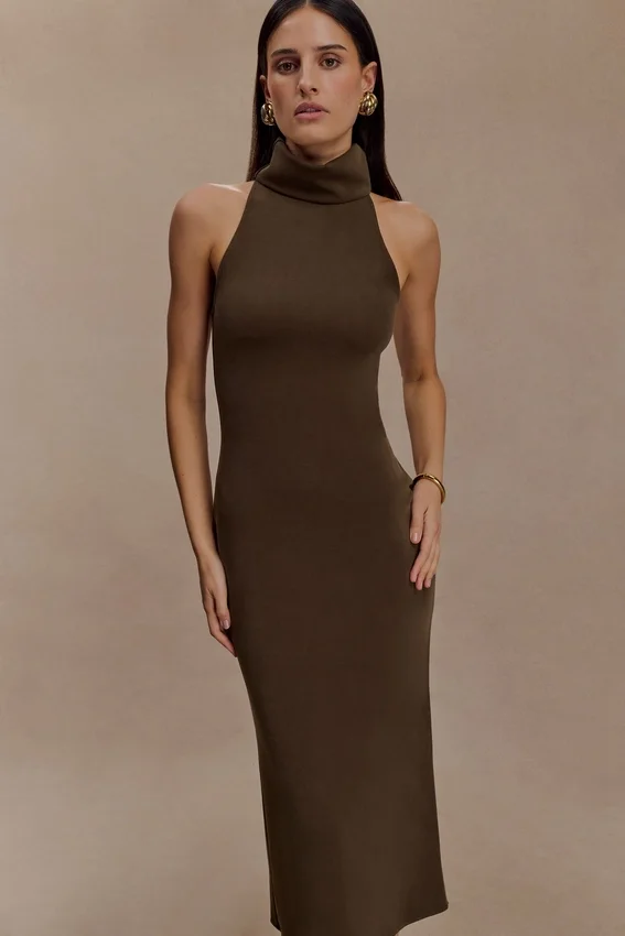 Kennedy High Neck Midi Dress – Chocolate Kennedy High Neck Midi Dress – Chocolate